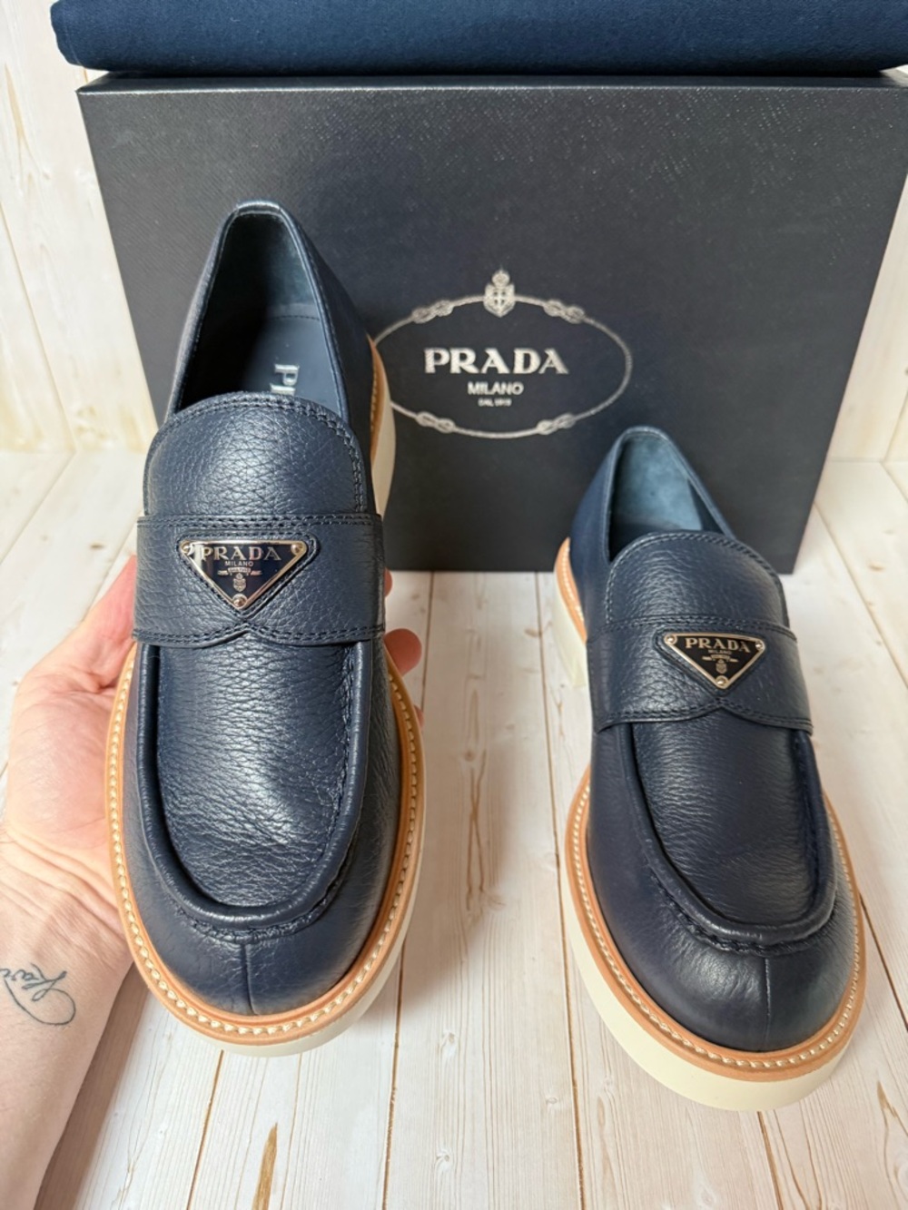 Prada Triangle-Logo Leather Loafers Navy Blue Sz 7.5UK / 8.5US - Picture 8 of 12